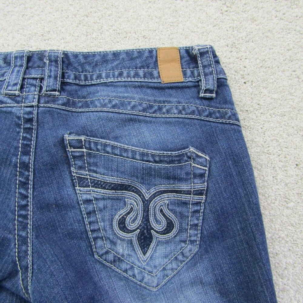 Maurices Bootcut Jeans 3/4 Low Rise Stretch Blue Denim Embroidered Pockets Y2K - Picture 8 of 11